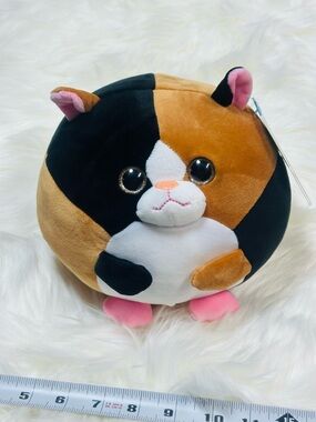 Calico Plush Round Cat Toy - Brown Black White with Pink Accents